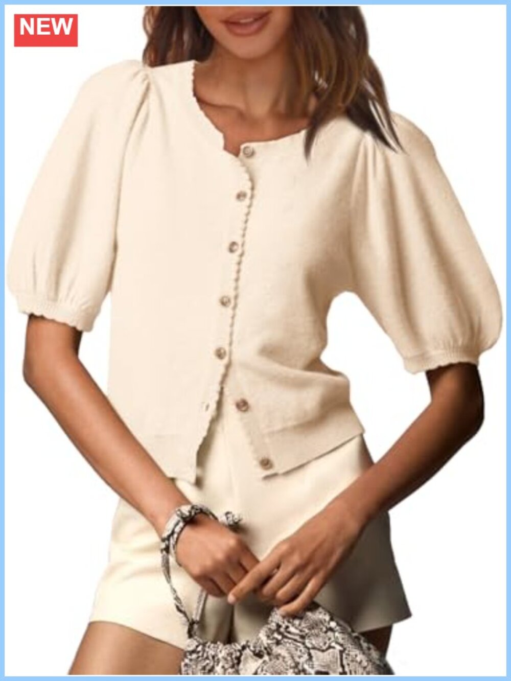 Lightweight Knit Puff Sleeve Cardigan for Women with Buttons